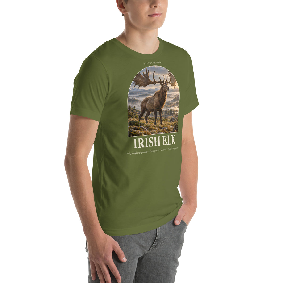 Irish elk T-shirt in Olive, right front view — Deep Time Atlas Plate 162, PaleoThreads