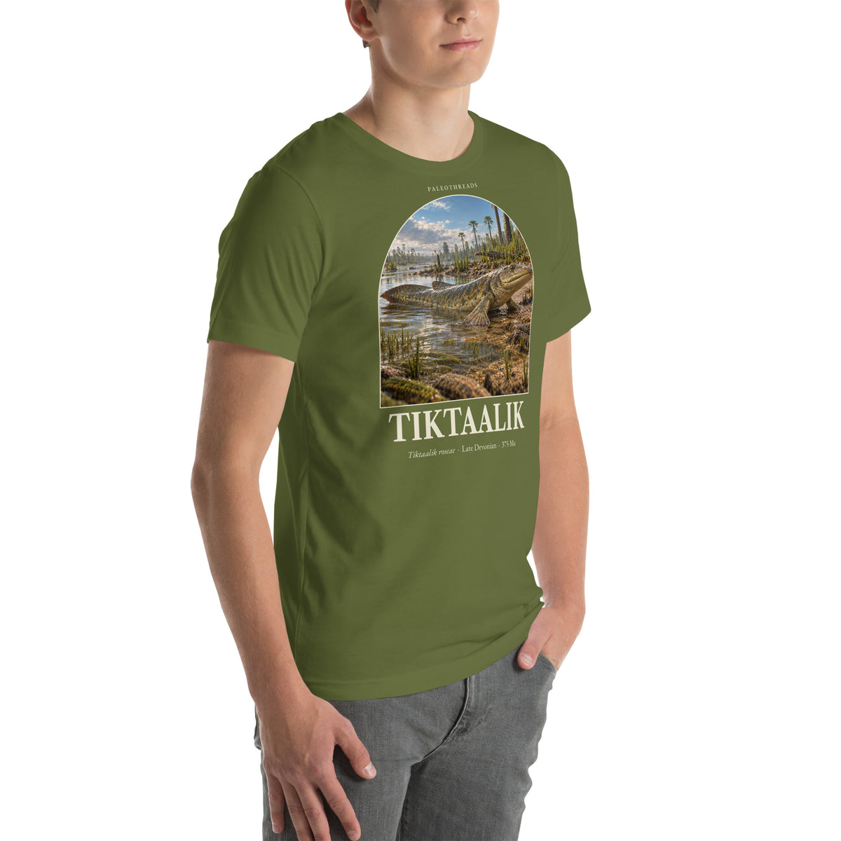 Tiktaalik T-shirt in Olive, right front view — Deep Time Atlas Plate 144, PaleoThreads