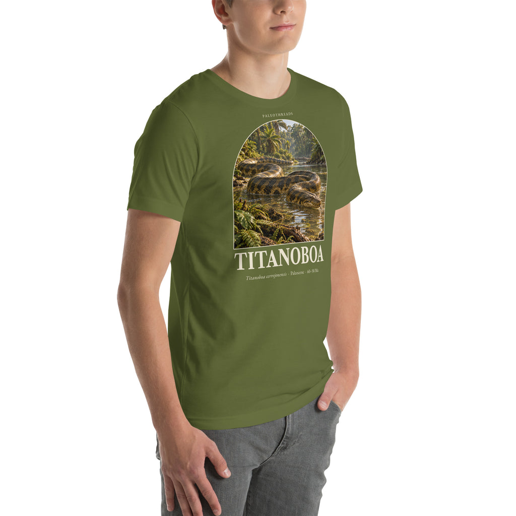 Titanoboa T-shirt in Olive, right front view — Deep Time Atlas Plate 128, PaleoThreads