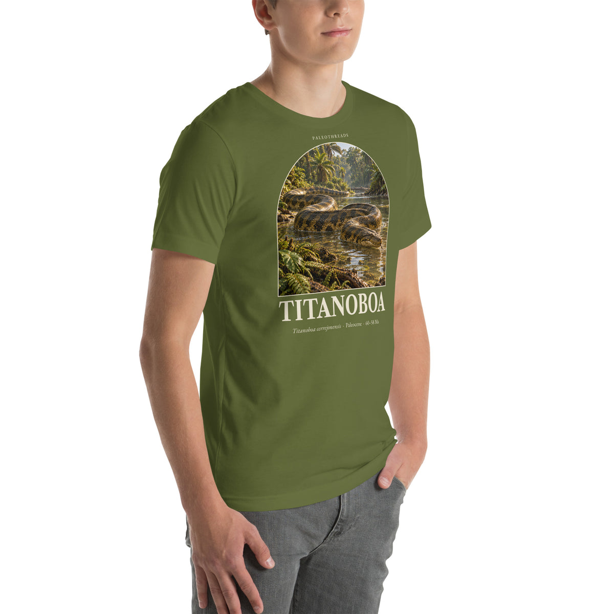 Titanoboa T-shirt in Olive, right front view — Deep Time Atlas Plate 128, PaleoThreads