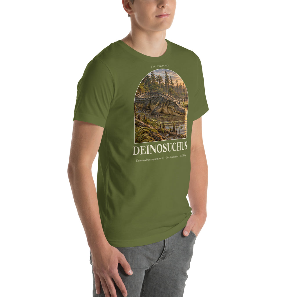 Deinosuchus T-shirt in Olive, right front view — Deep Time Atlas Plate 123, PaleoThreads