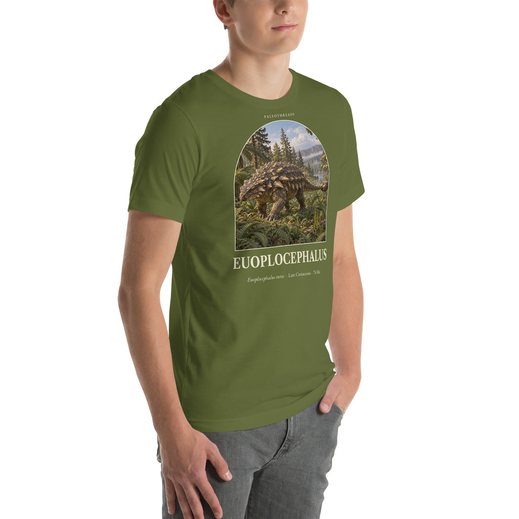 Euoplocephalus T-shirt in Olive, right front view — Deep Time Atlas Plate 084, PaleoThreads