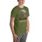 Edmontosaurus T-shirt in Olive, right front view — Deep Time Atlas Plate 072, PaleoThreads