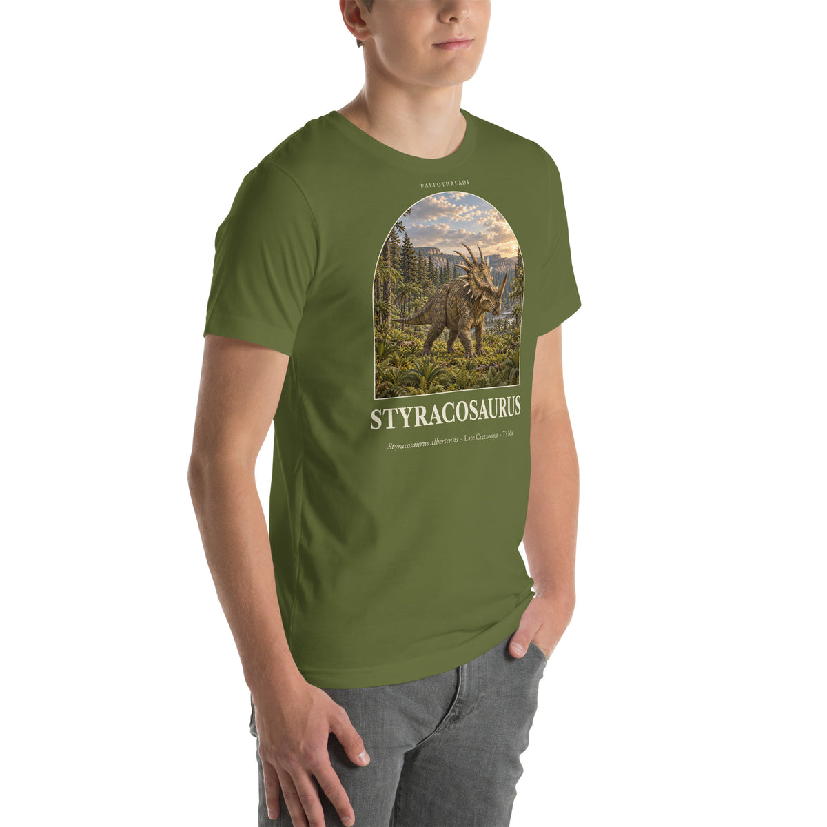 Styracosaurus T-shirt in Olive, right front view — Deep Time Atlas Plate 059, PaleoThreads