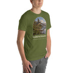 Mamenchisaurus T-shirt in Olive, right front view — Deep Time Atlas Plate 052, PaleoThreads