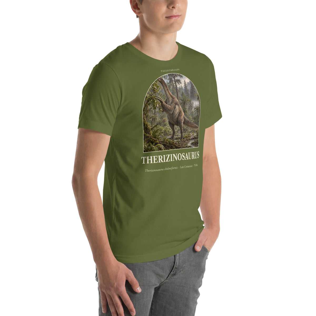 Therizinosaurus T-shirt in Olive, right front view — Deep Time Atlas Plate 016, PaleoThreads