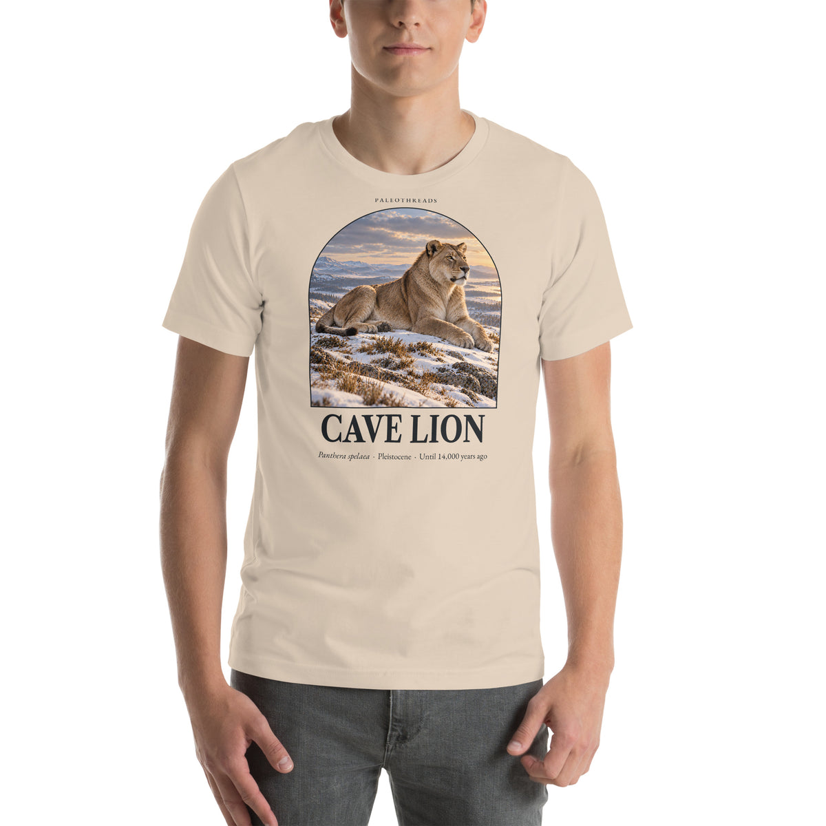 Cave lion T-shirt in Soft Cream — Deep Time Atlas Plate 170, PaleoThreads