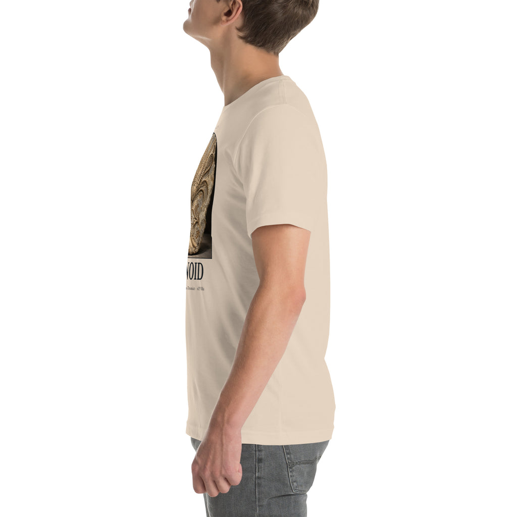 Crinoid specimen T-shirt in Soft Cream, left view — Deep Time Atlas Plate 179, PaleoThreads