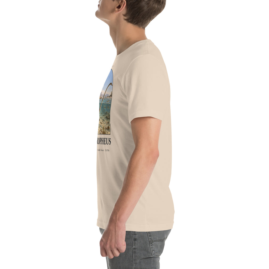 Tanystropheus T-shirt in Soft Cream, left view — Deep Time Atlas Plate 120, PaleoThreads