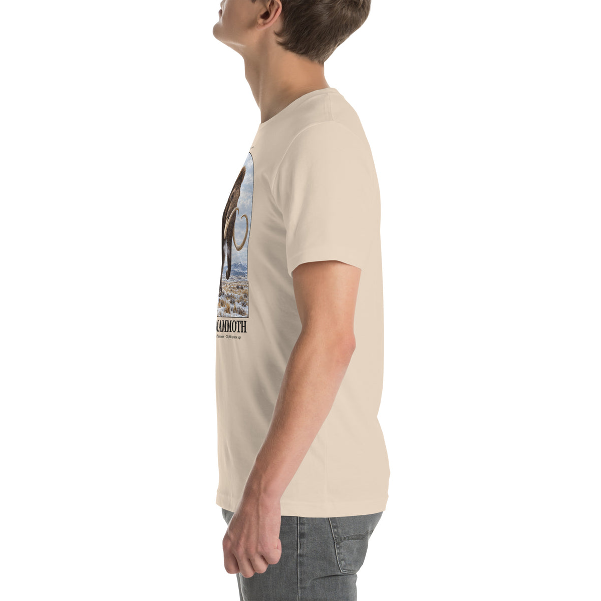 Woolly mammoth T-shirt in Soft Cream, left view — Deep Time Atlas Plate 007, PaleoThreads