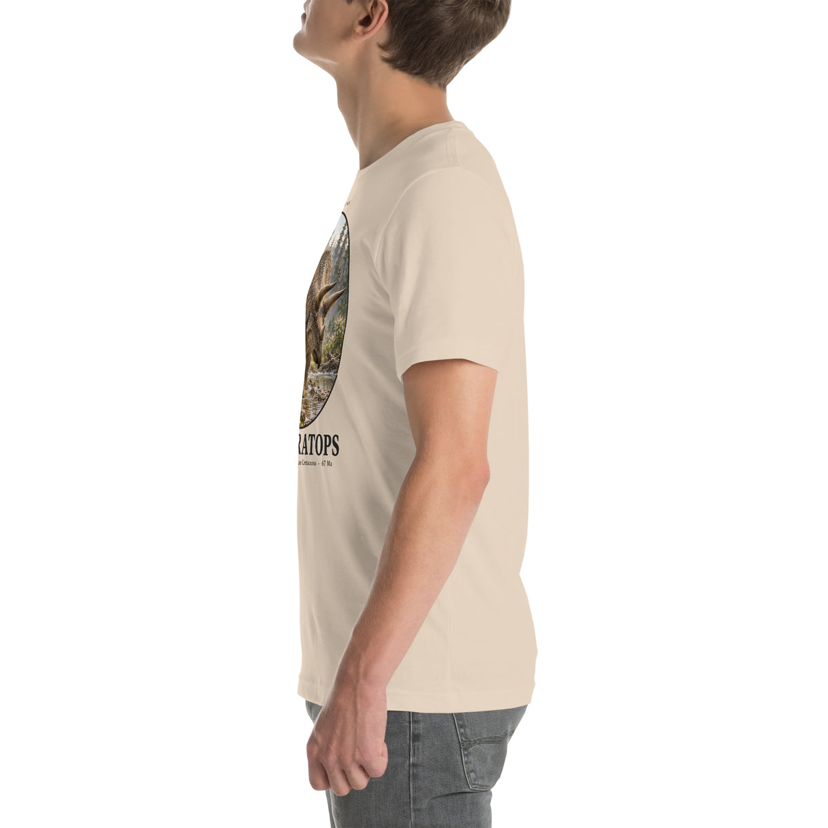 Triceratops T-shirt in Soft Cream, left view — Deep Time Atlas Plate 003, PaleoThreads