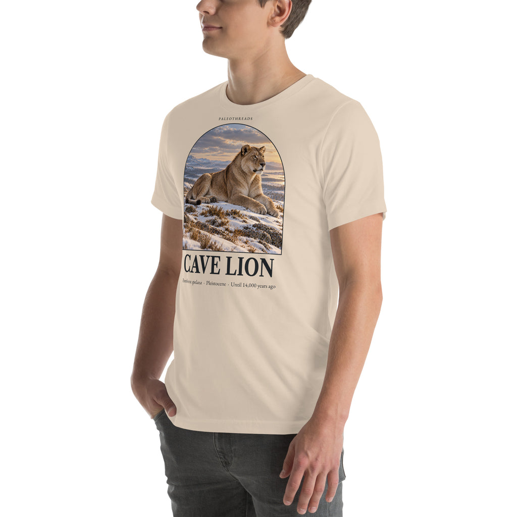 Cave lion T-shirt in Soft Cream, left front view — Deep Time Atlas Plate 170, PaleoThreads