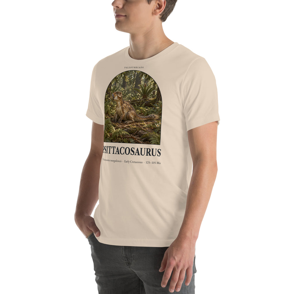 Psittacosaurus T-shirt in Soft Cream, left front view — Deep Time Atlas Plate 065, PaleoThreads