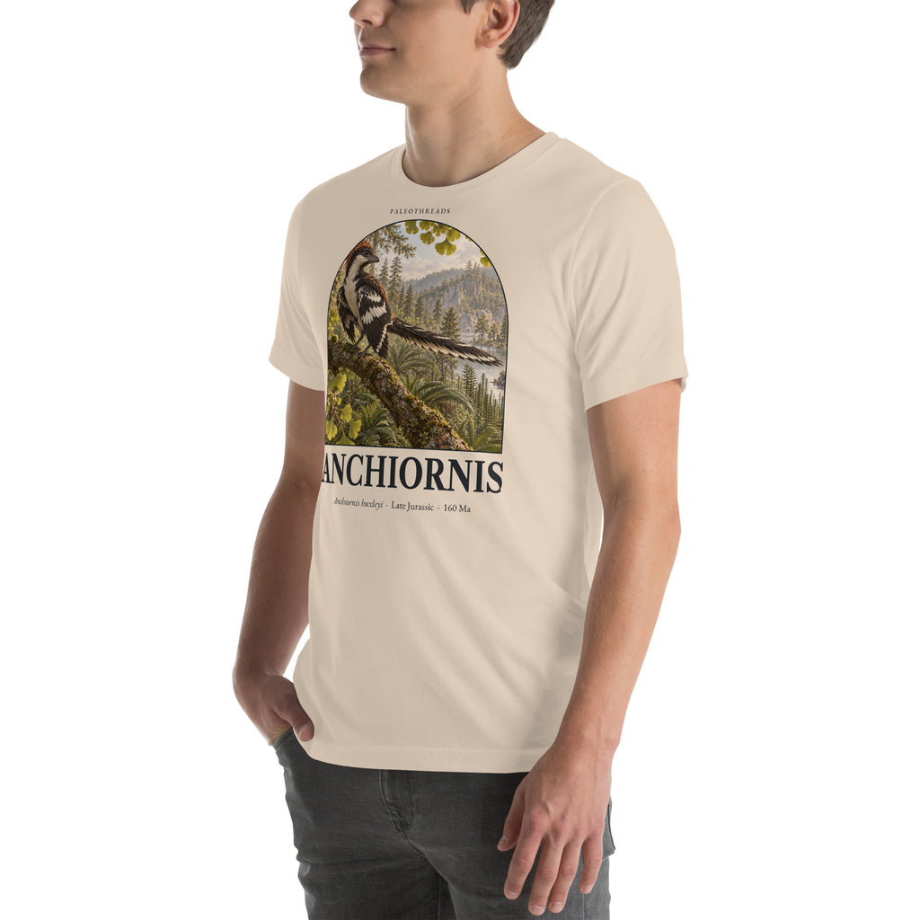 Anchiornis T-shirt in Soft Cream, left front view — Deep Time Atlas Plate 041, PaleoThreads
