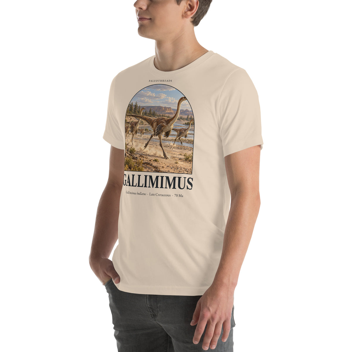 Gallimimus T-shirt in Soft Cream, left front view — Deep Time Atlas Plate 029, PaleoThreads