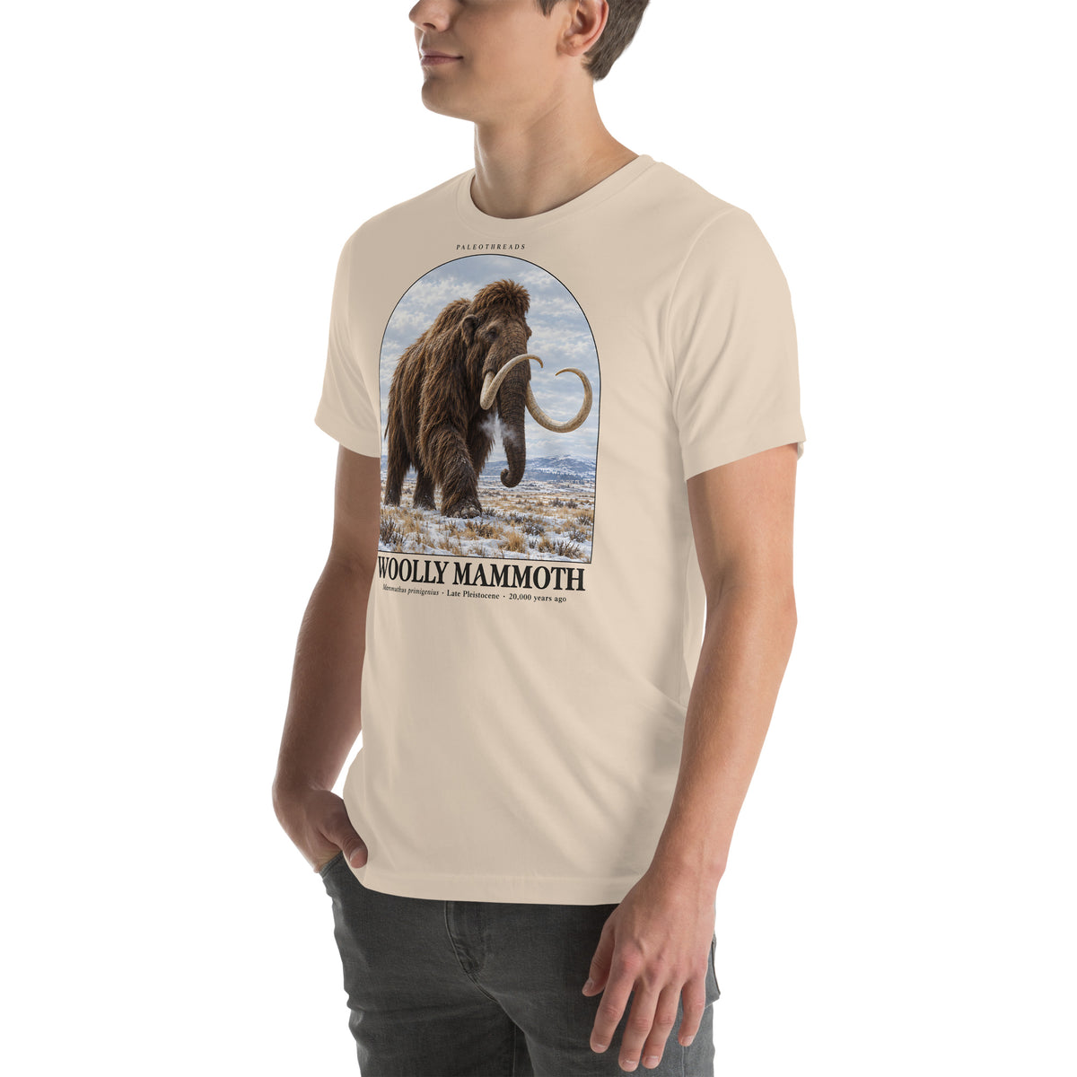 Woolly mammoth T-shirt in Soft Cream, left front view — Deep Time Atlas Plate 007, PaleoThreads