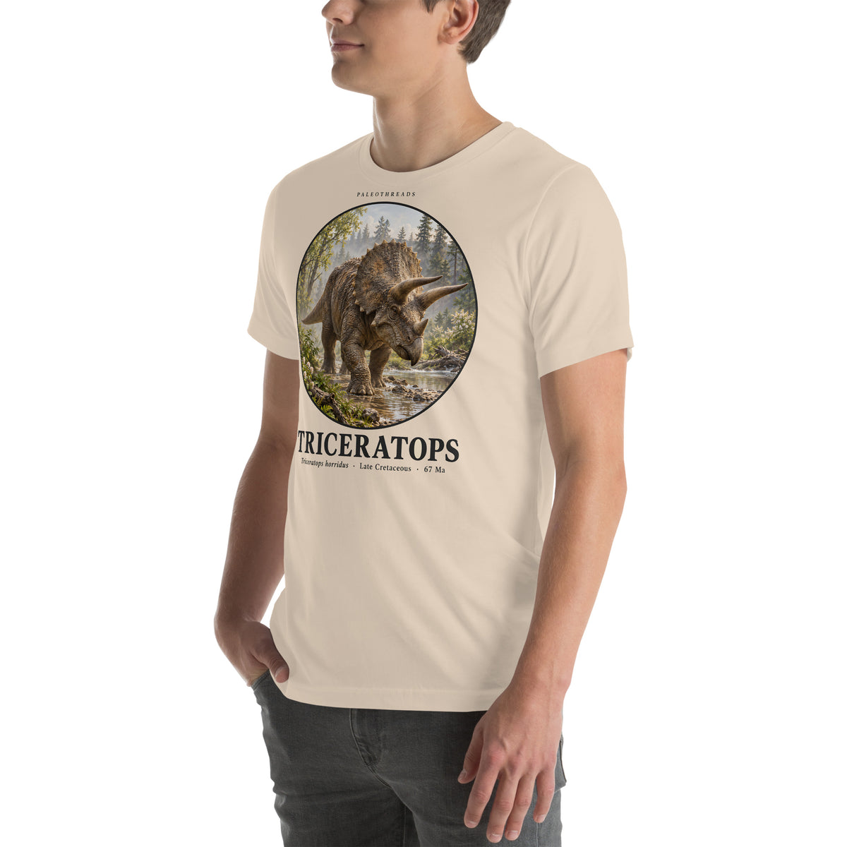 Triceratops T-shirt in Soft Cream, left front view — Deep Time Atlas Plate 003, PaleoThreads