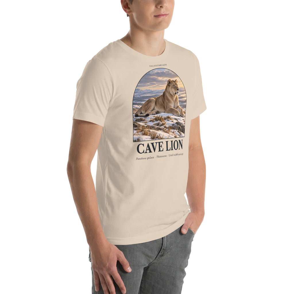 Cave lion T-shirt in Soft Cream, right front view — Deep Time Atlas Plate 170, PaleoThreads