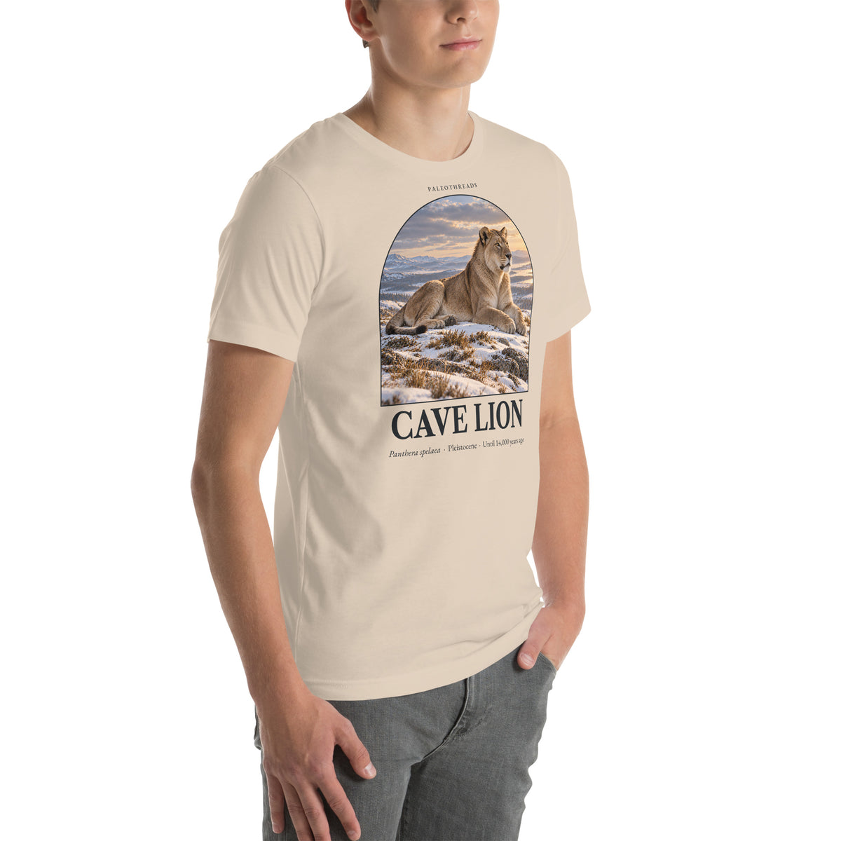 Cave lion T-shirt in Soft Cream, right front view — Deep Time Atlas Plate 170, PaleoThreads