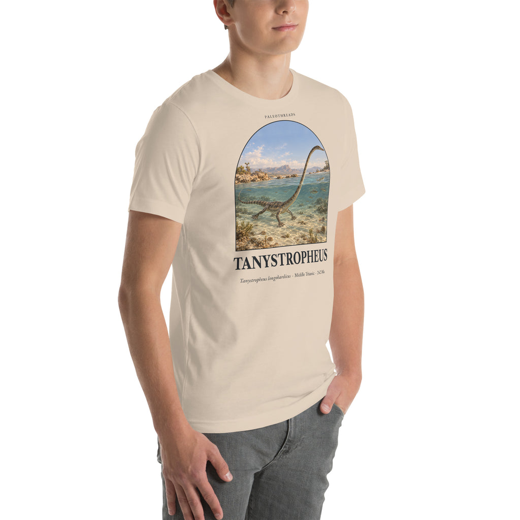 Tanystropheus T-shirt in Soft Cream, right front view — Deep Time Atlas Plate 120, PaleoThreads