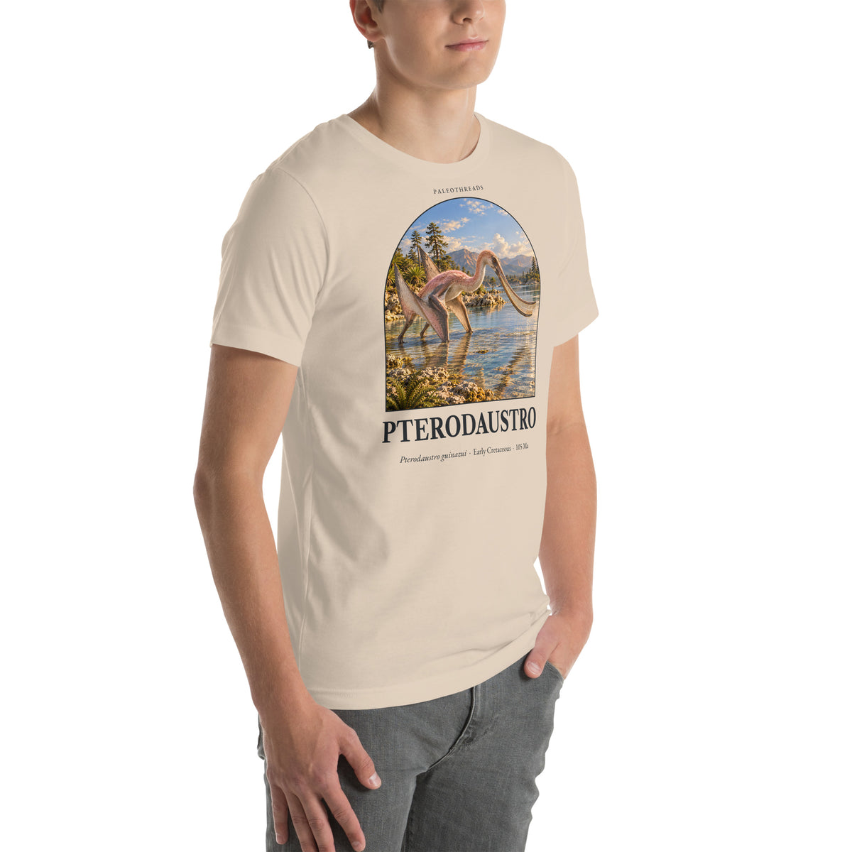 Pterodaustro T-shirt in Soft Cream, right front view — Deep Time Atlas Plate 105, PaleoThreads