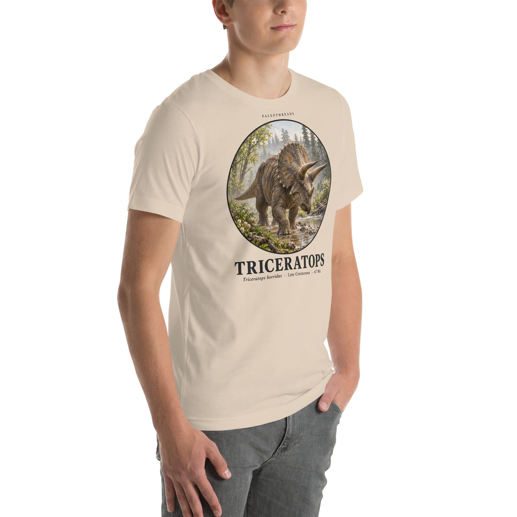 Triceratops T-shirt in Soft Cream, right front view — Deep Time Atlas Plate 003, PaleoThreads