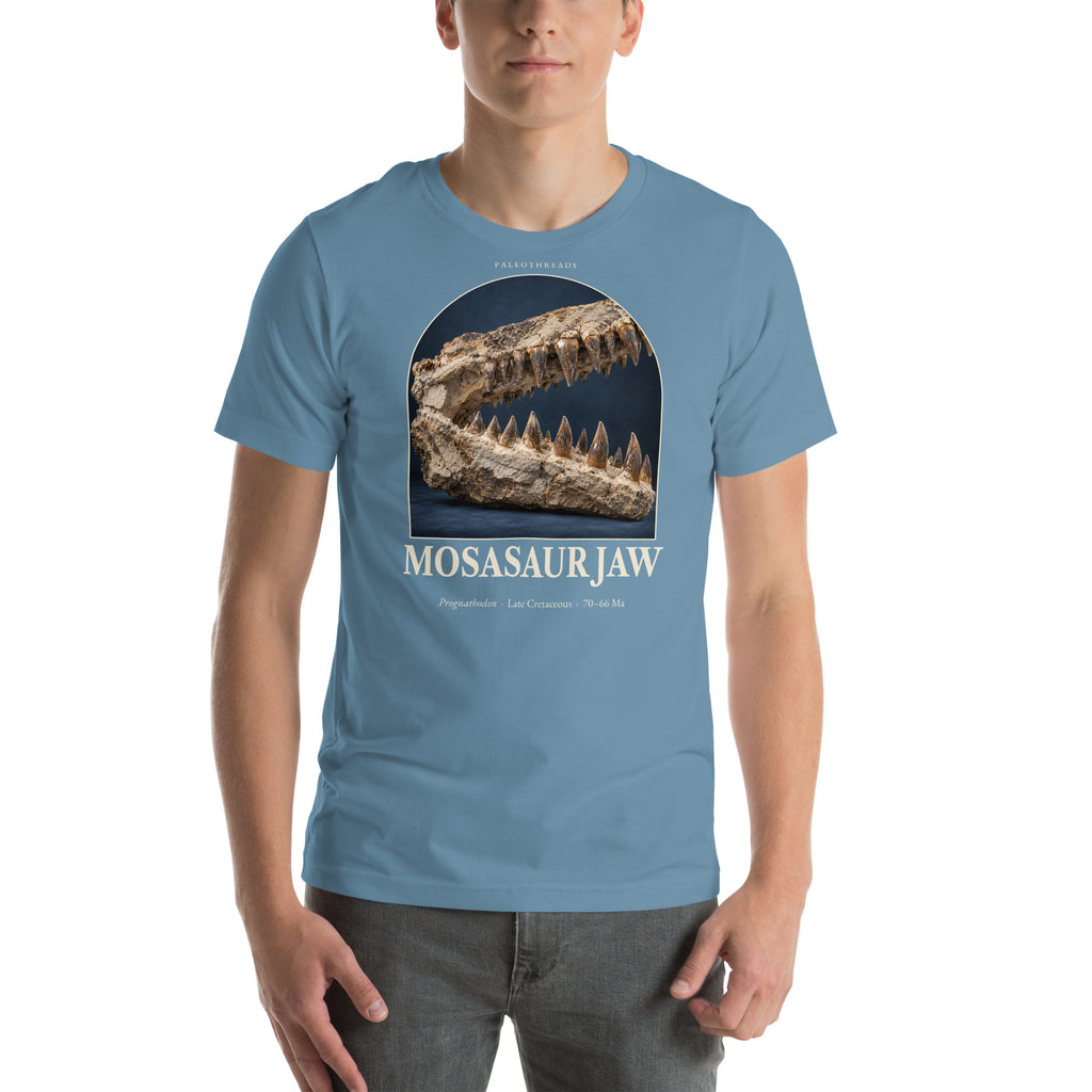 Mosasaur jaw specimen T-shirt in Steel Blue — Deep Time Atlas Plate 176, PaleoThreads