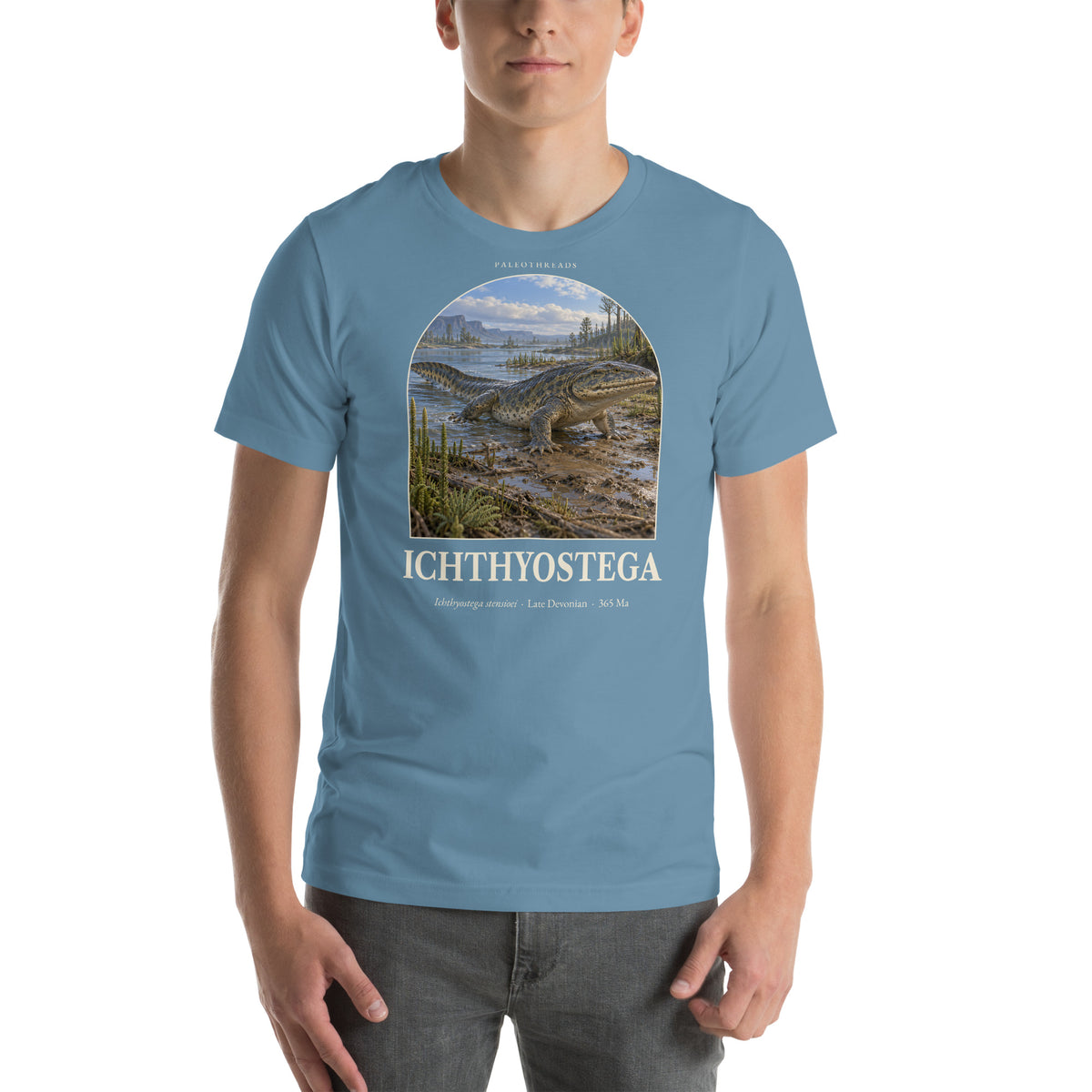Ichthyostega T-shirt in Steel Blue — Deep Time Atlas Plate 145, PaleoThreads