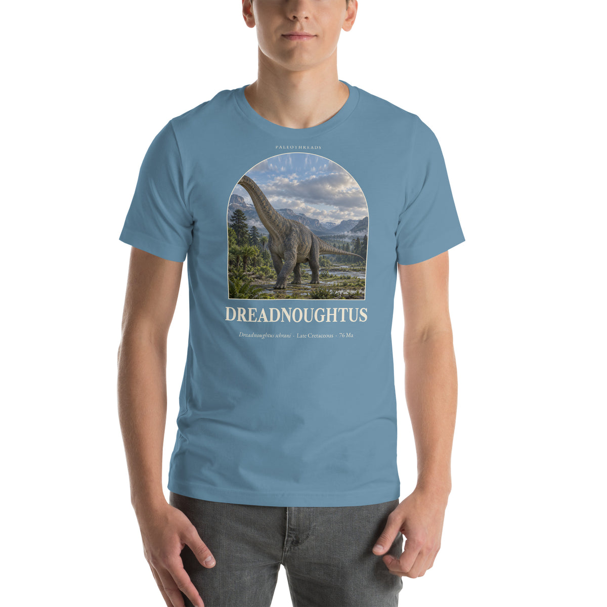 Dreadnoughtus T-shirt in Steel Blue — Deep Time Atlas Plate 055, PaleoThreads