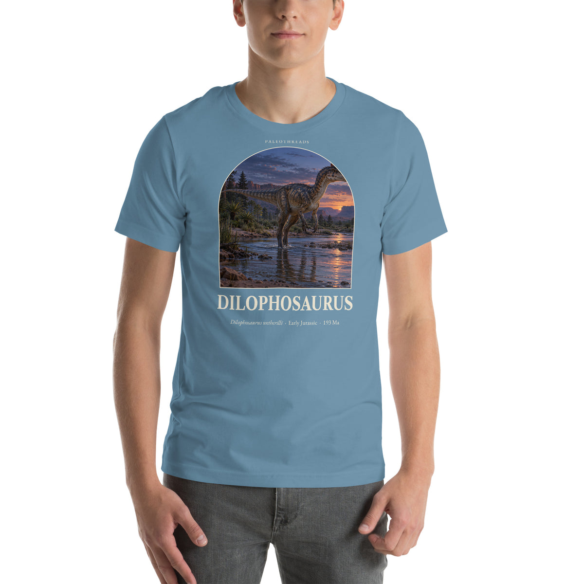 Dilophosaurus T-shirt in Steel Blue — Deep Time Atlas Plate 019, PaleoThreads