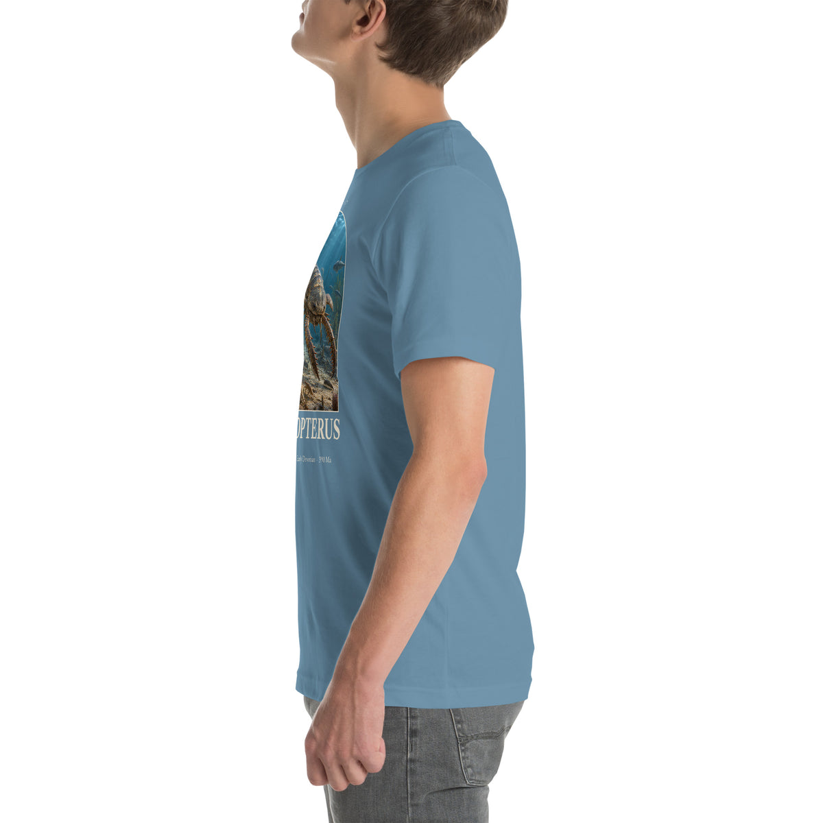 Jaekelopterus T-shirt in Steel Blue, left view — Deep Time Atlas Plate 141, PaleoThreads