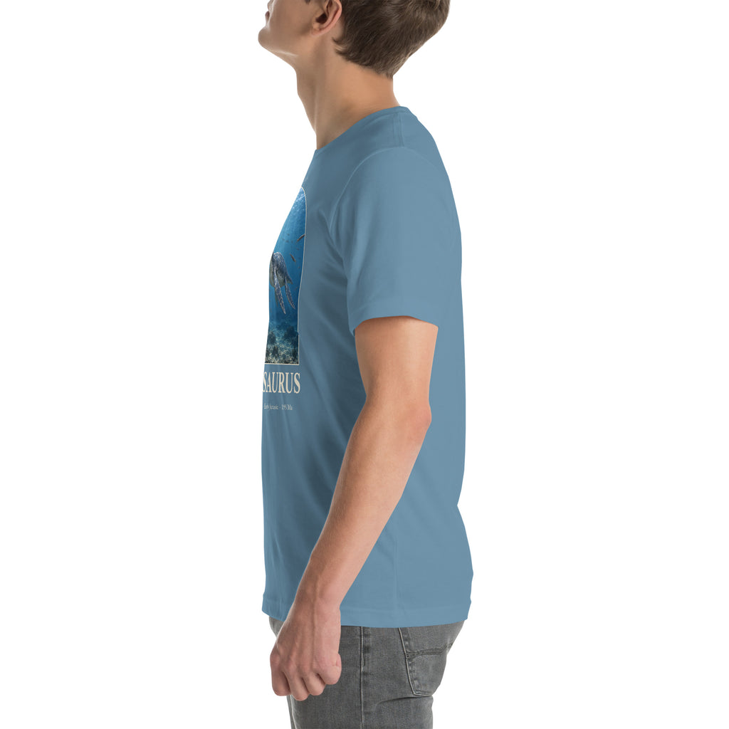 Plesiosaurus T-shirt in Steel Blue, left view — Deep Time Atlas Plate 108, PaleoThreads
