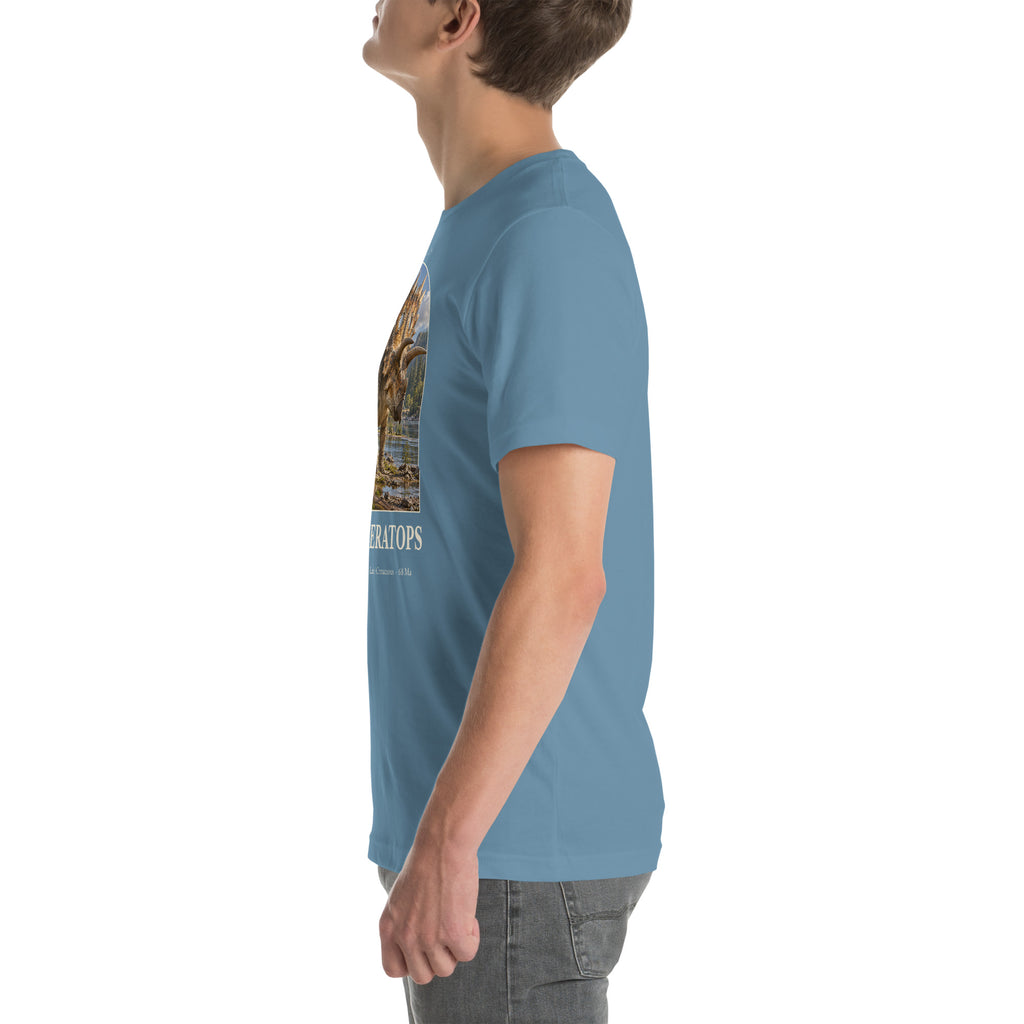 Regaliceratops T-shirt in Steel Blue, left view — Deep Time Atlas Plate 069, PaleoThreads