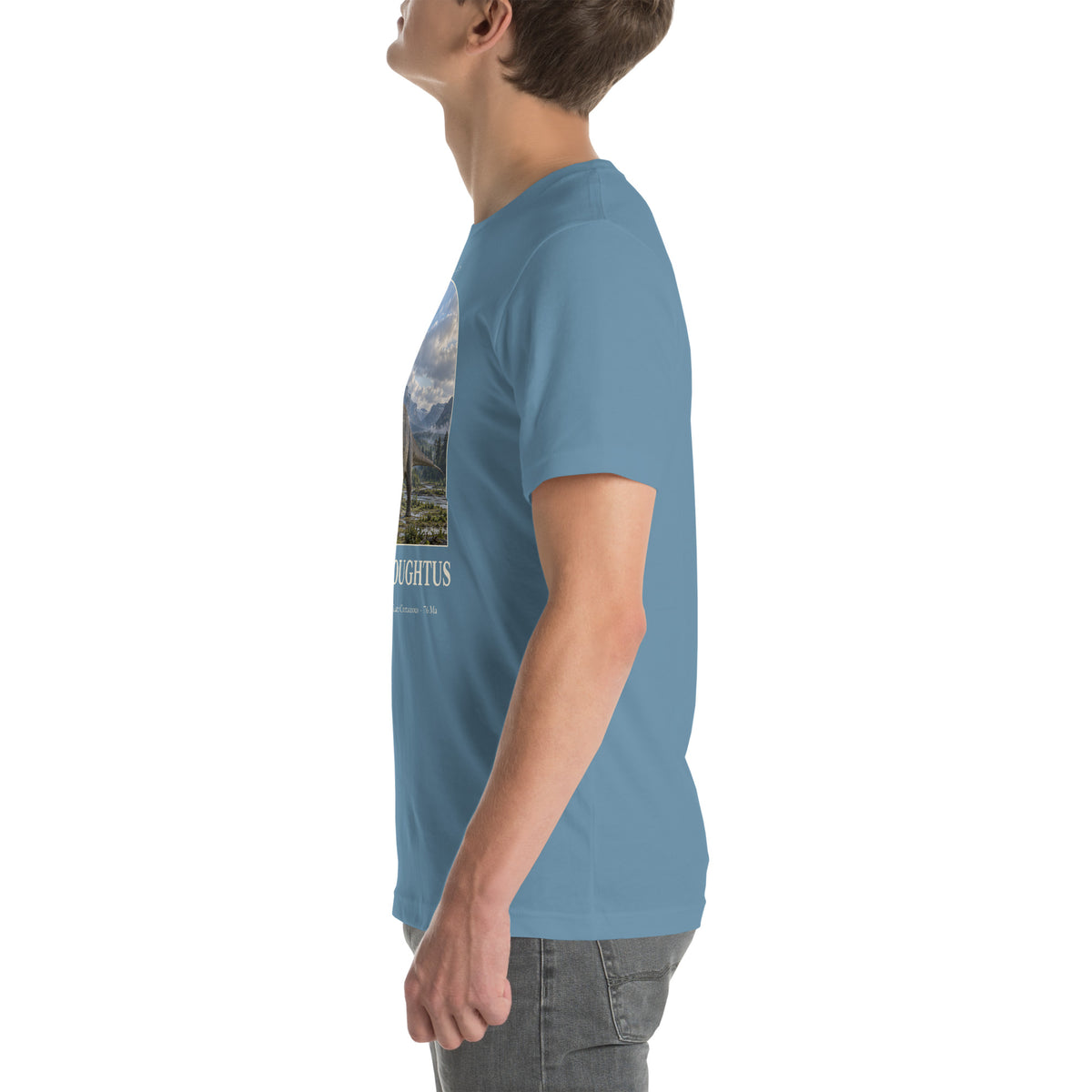 Dreadnoughtus T-shirt in Steel Blue, left view — Deep Time Atlas Plate 055, PaleoThreads