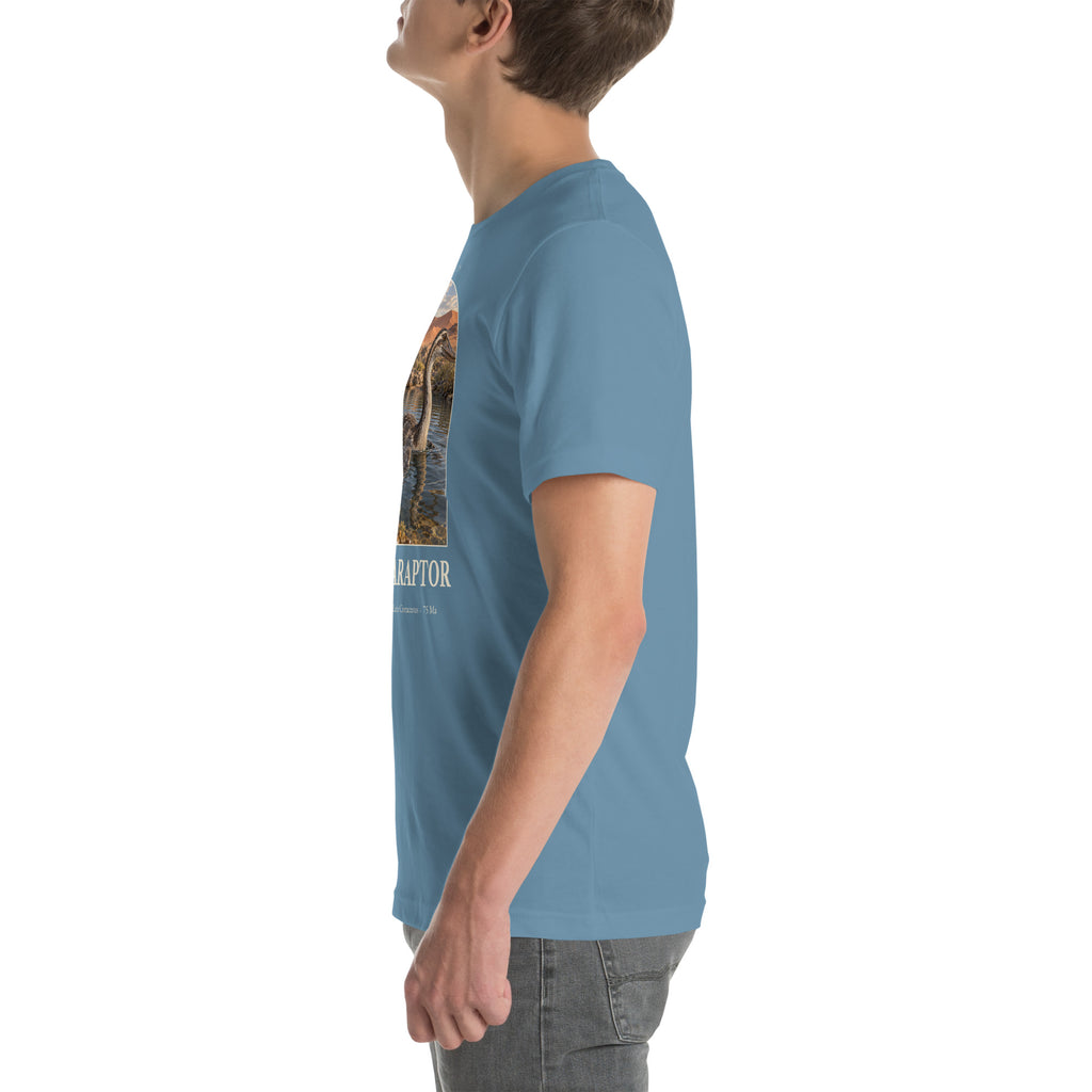 Halszkaraptor T-shirt in Steel Blue, left view — Deep Time Atlas Plate 040, PaleoThreads