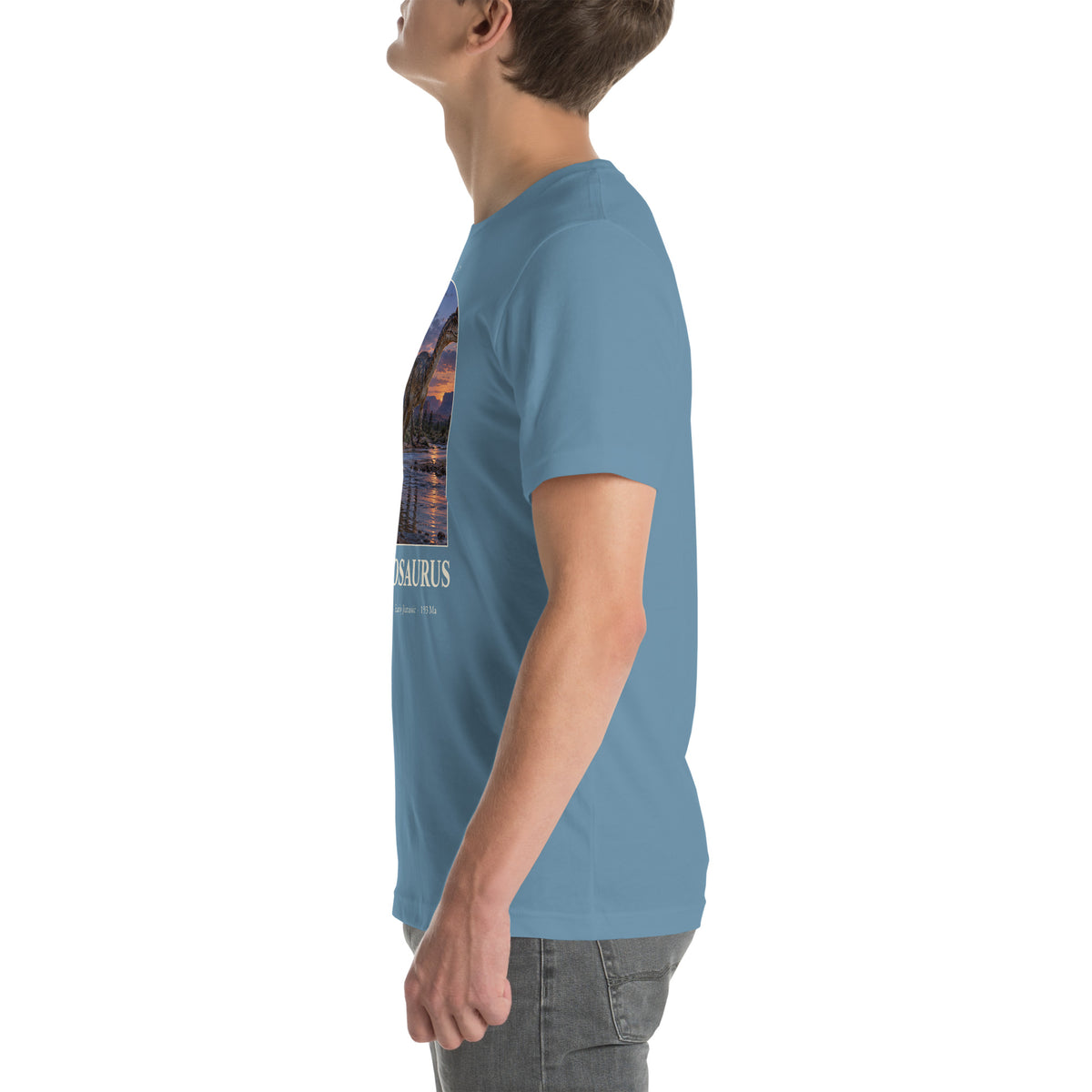 Dilophosaurus T-shirt in Steel Blue, left view — Deep Time Atlas Plate 019, PaleoThreads