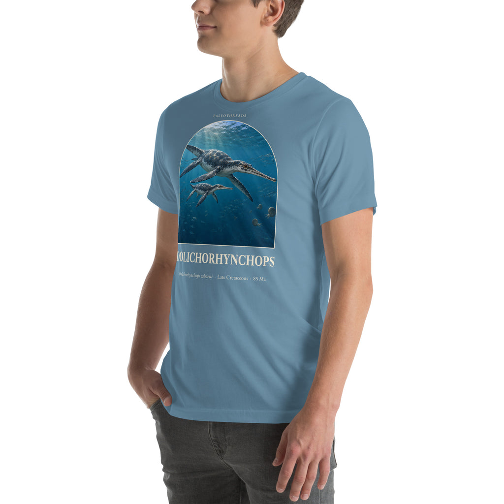 Dolichorhynchops T-shirt in Steel Blue, left front view — Deep Time Atlas Plate 121, PaleoThreads
