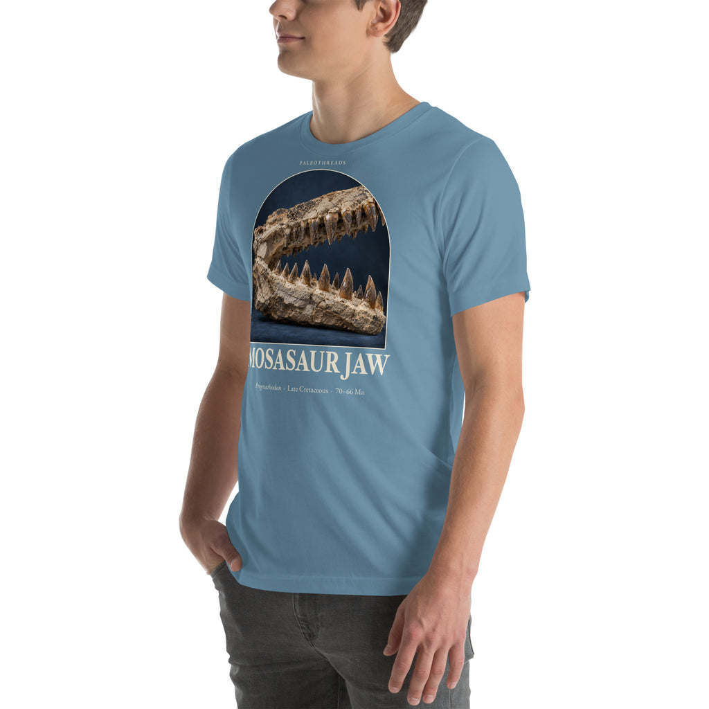 Mosasaur jaw specimen T-shirt in Steel Blue, left front view — Deep Time Atlas Plate 176, PaleoThreads