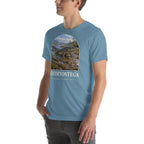 Ichthyostega T-shirt in Steel Blue, left front view — Deep Time Atlas Plate 145, PaleoThreads