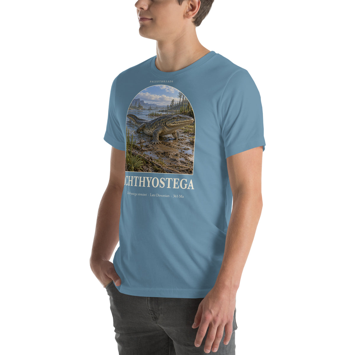 Ichthyostega T-shirt in Steel Blue, left front view — Deep Time Atlas Plate 145, PaleoThreads
