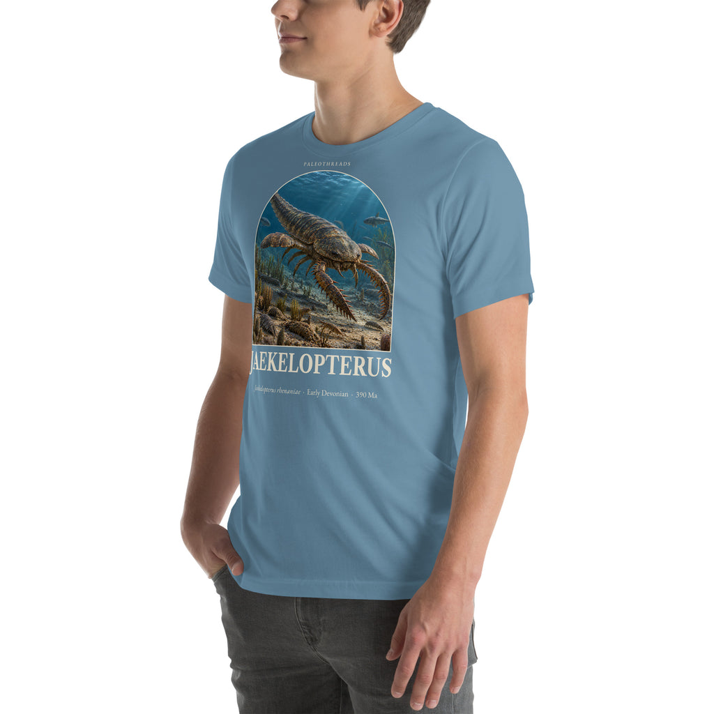 Jaekelopterus T-shirt in Steel Blue, left front view — Deep Time Atlas Plate 141, PaleoThreads