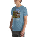 Scelidosaurus T-shirt in Steel Blue, left front view — Deep Time Atlas Plate 087, PaleoThreads