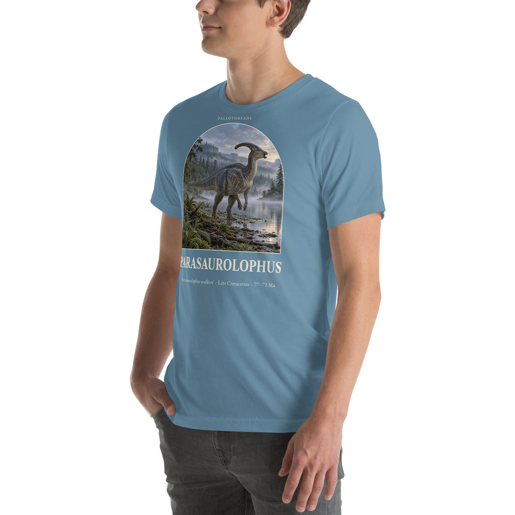 Parasaurolophus T-shirt in Steel Blue, left front view — Deep Time Atlas Plate 071, PaleoThreads