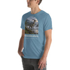 Parasaurolophus T-shirt in Steel Blue, left front view — Deep Time Atlas Plate 071, PaleoThreads