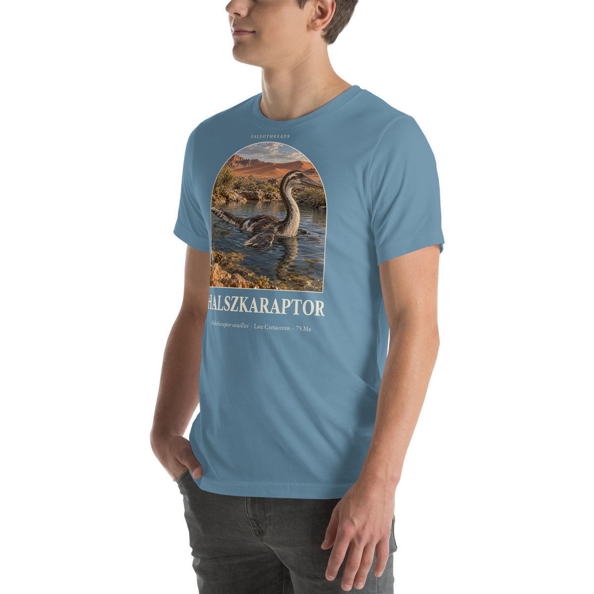 Halszkaraptor T-shirt in Steel Blue, left front view — Deep Time Atlas Plate 040, PaleoThreads