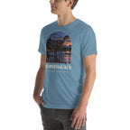 Dilophosaurus T-shirt in Steel Blue, left front view — Deep Time Atlas Plate 019, PaleoThreads