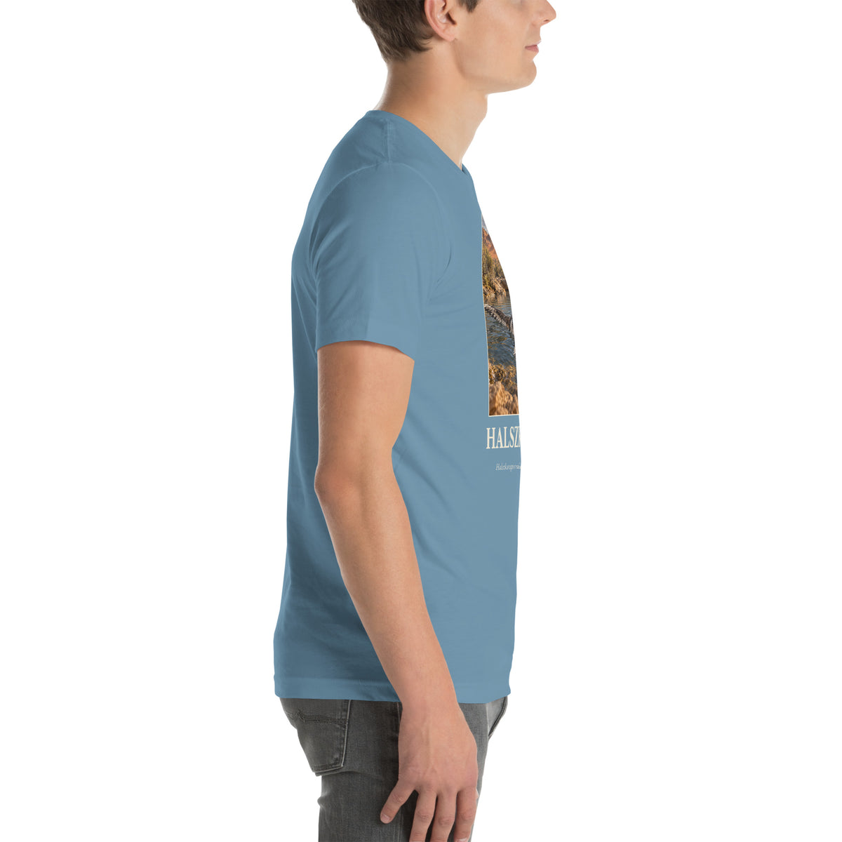 Halszkaraptor T-shirt in Steel Blue, right view — Deep Time Atlas Plate 040, PaleoThreads