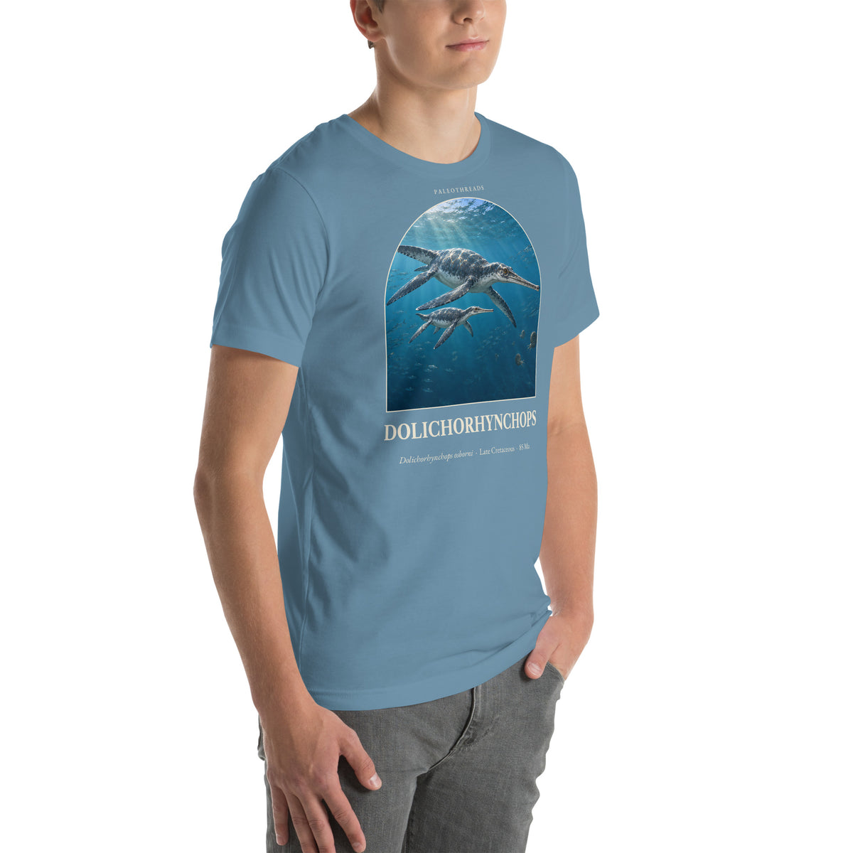 Dolichorhynchops T-shirt in Steel Blue, right front view — Deep Time Atlas Plate 121, PaleoThreads