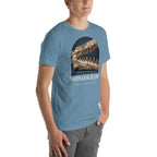 Mosasaur jaw specimen T-shirt in Steel Blue, right front view — Deep Time Atlas Plate 176, PaleoThreads