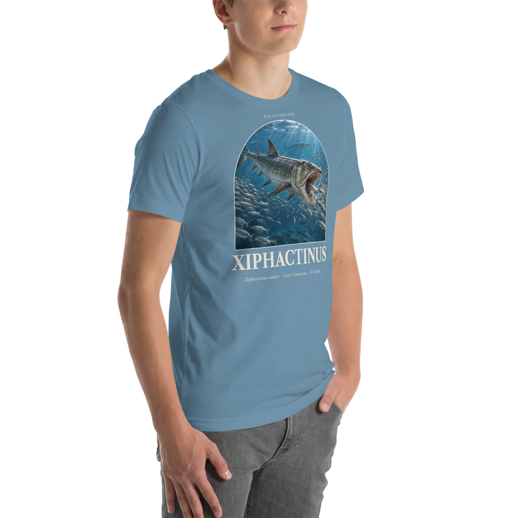 Xiphactinus T-shirt in Steel Blue, right front view — Deep Time Atlas Plate 152, PaleoThreads